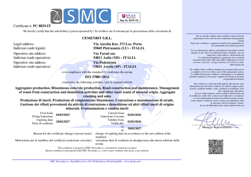 SMC Certificato ISO 37001:2016 nr PC 8829-IT